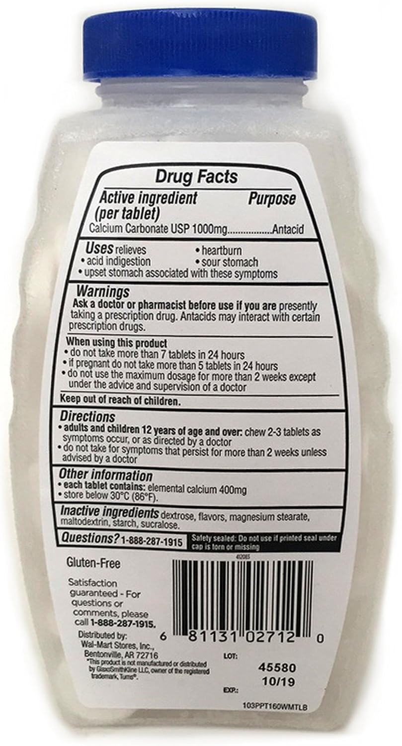 Equate Antiácido Ultra Strength – 160 Comprimidos Masticables, 1000 mg, S sabor Menta