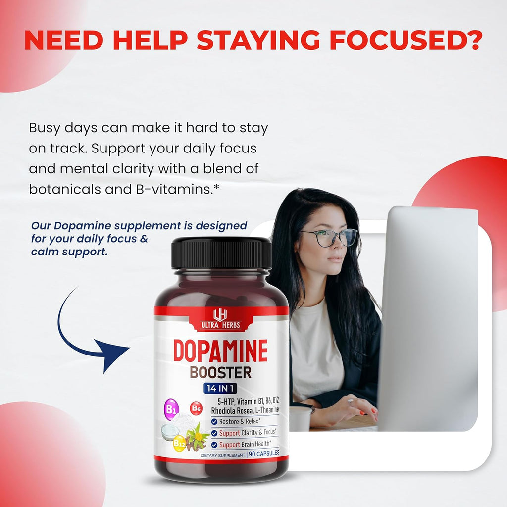 Dopamine Focus - Suplemento con Ashwagandha, 5-HTP, Rhodiola, L-Theanina y Vitaminas B