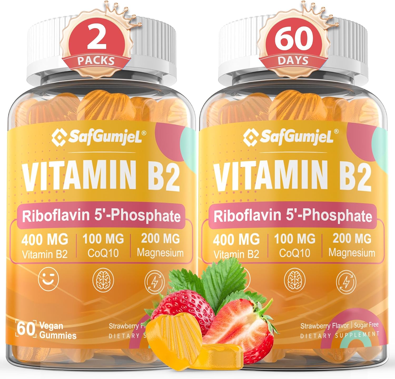 Gominolas de Vitamina B2 400mg – Riboflavina Activa con Magnesio y CoQ10 – Sin Azúcar, Vegano, 60 unidades