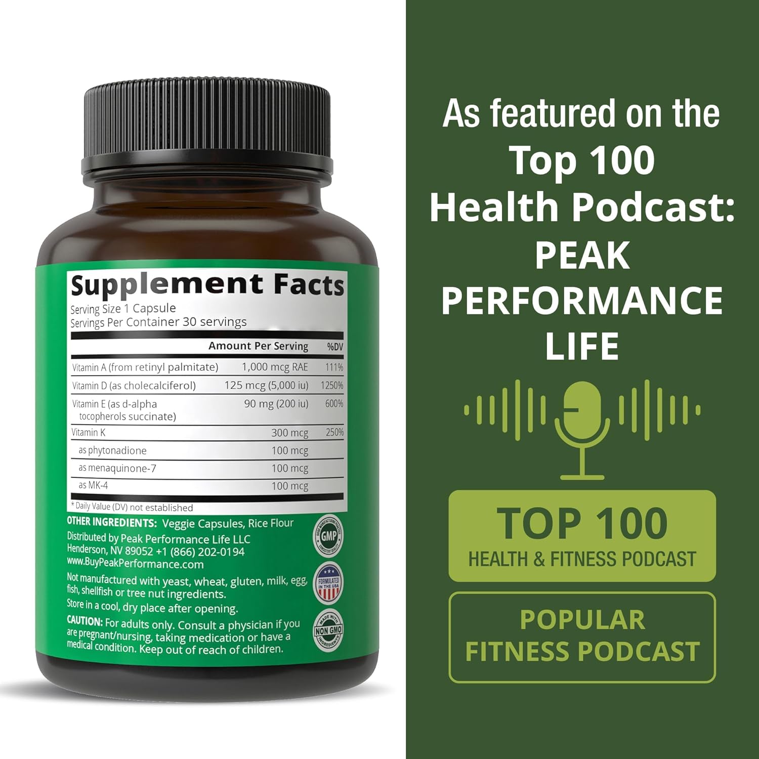 Peak Performance Vitaminas A, D3, E, K – 5.000 UI D3 – Cápsula Vegana – Apoyo para Huesos, Inmunidad y Visión