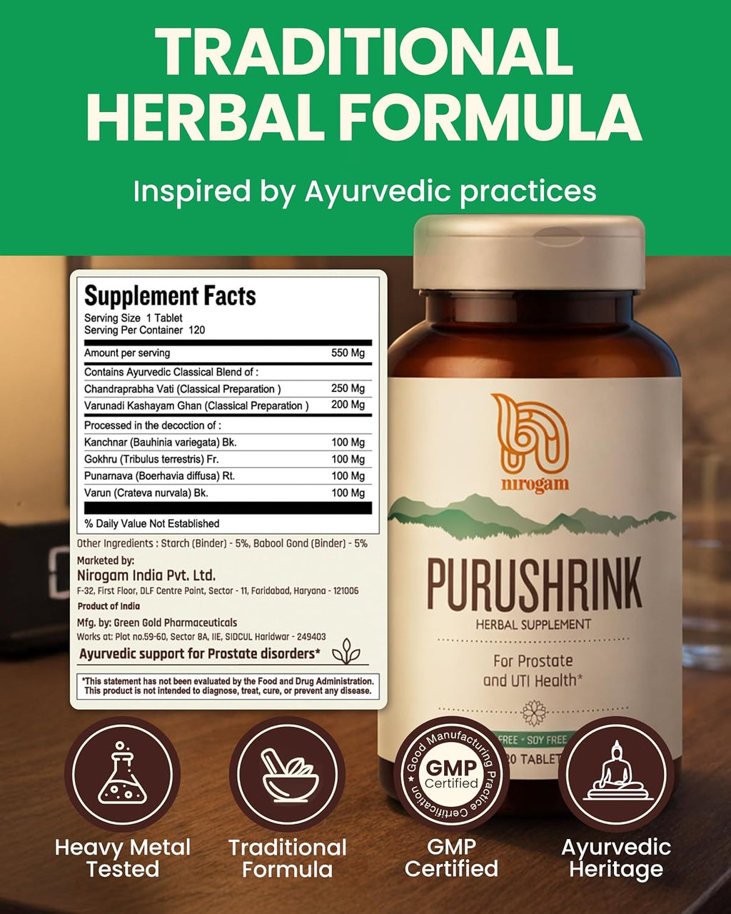 Nirogam Purushrink - Complemento para la próstata - Salud urinaria - 120 comprimidos - Vegano, sin lácteos, sin gluten
