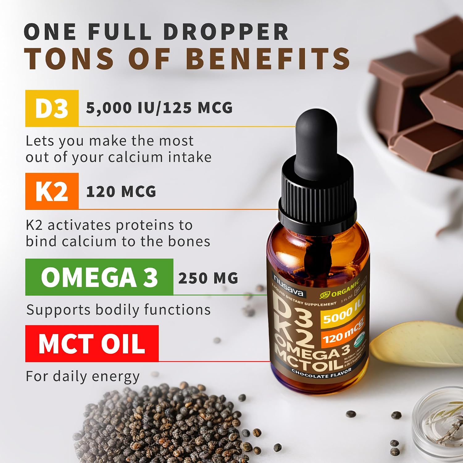 NUSAVA Organic Vitamin D3 K2 Drops with MCT Oil & Omega 3 - 5000 IU, Chocolate, 2 Pack, 2 Fl Oz