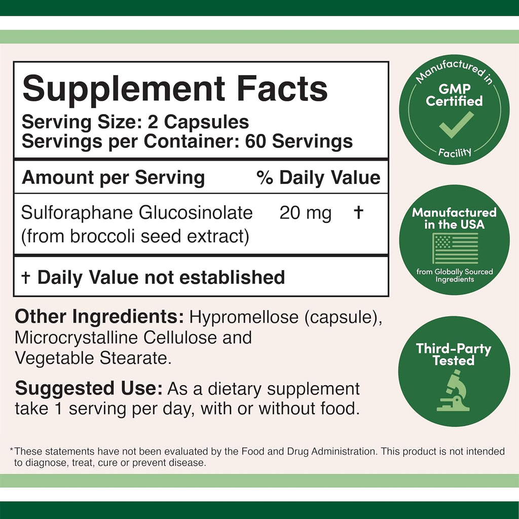 Sulforaphane Supplement - 20 mg de Sulforafano por Porción (120 Cápsulas) Extracto de Brócoli, Vegano - Double Wood