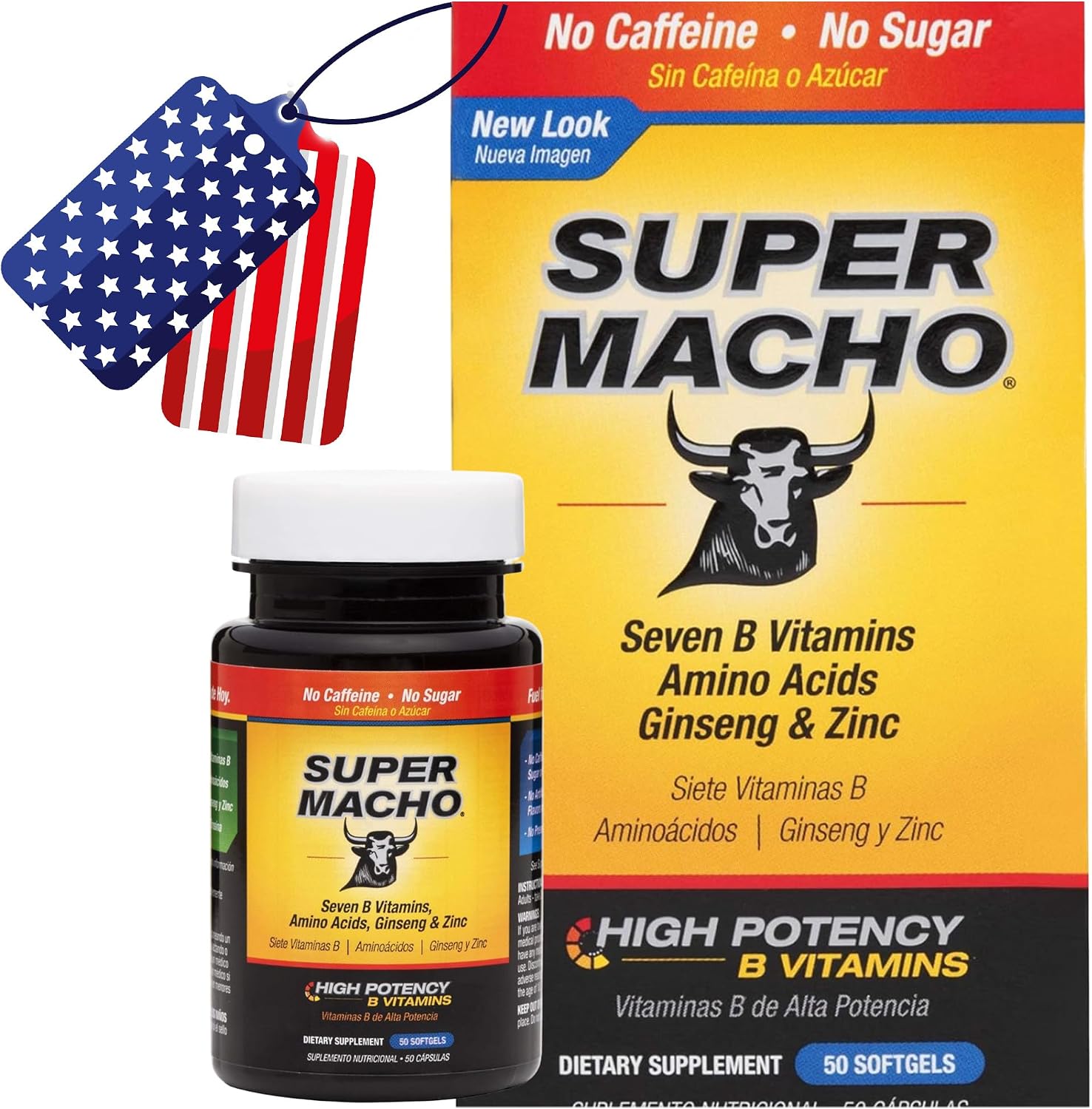 Super Macho, Complejo Vitamínico B y Aminoácidos de Alta Potencia para Hombres Activos, Sin Cafeína ni Azúcar, 50 Cápsulas Blandas