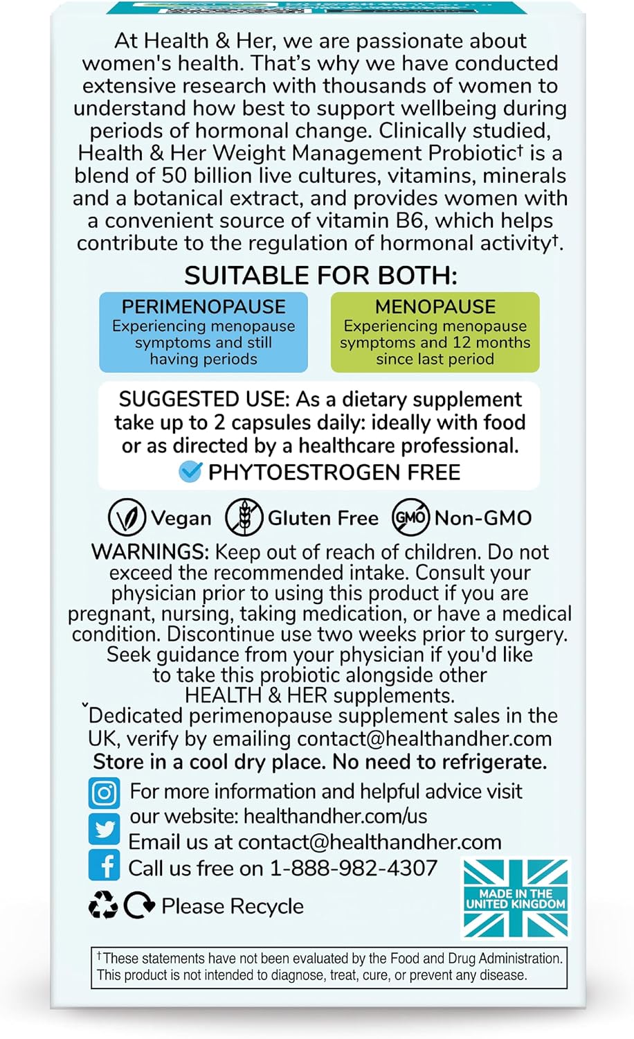 Health & Her Probiótico para Control de Peso en Menopausia - 50bn UFC con Multivitamínicos - 60 cápsulas (1 mes)