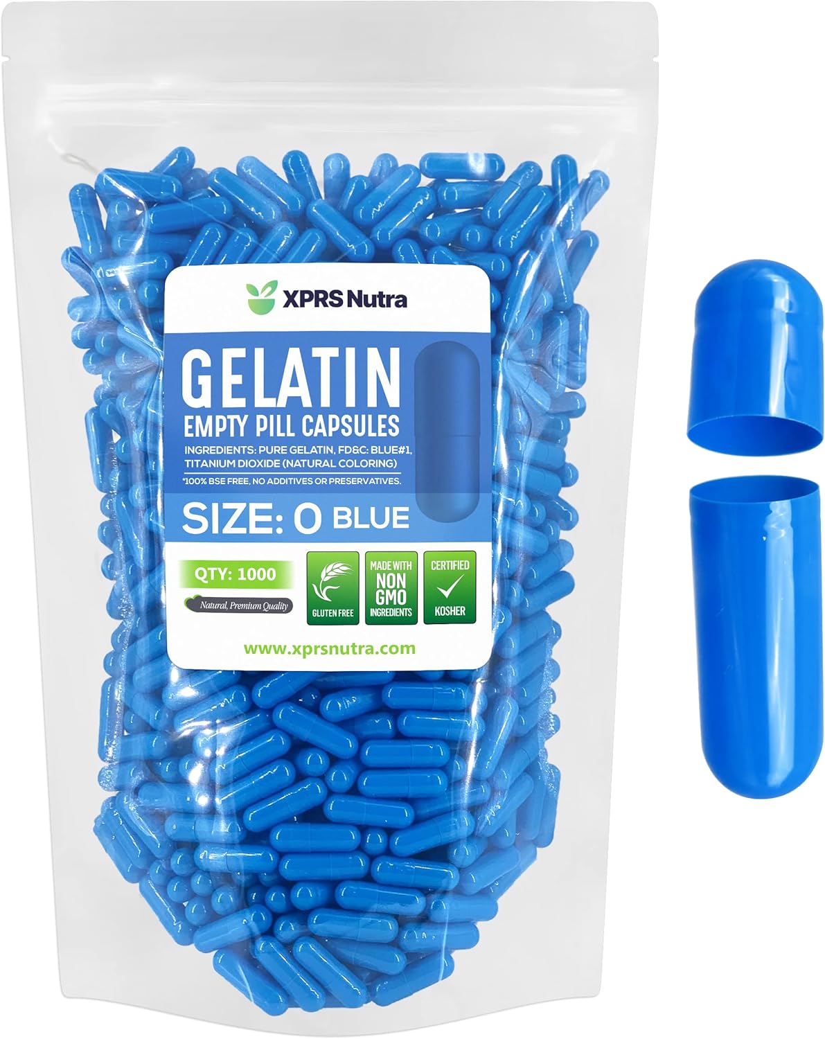 Cápsulas Vacías de Gelatina Tamaño 0 - XPRS Nutra - 1000 Unidades (Azul)