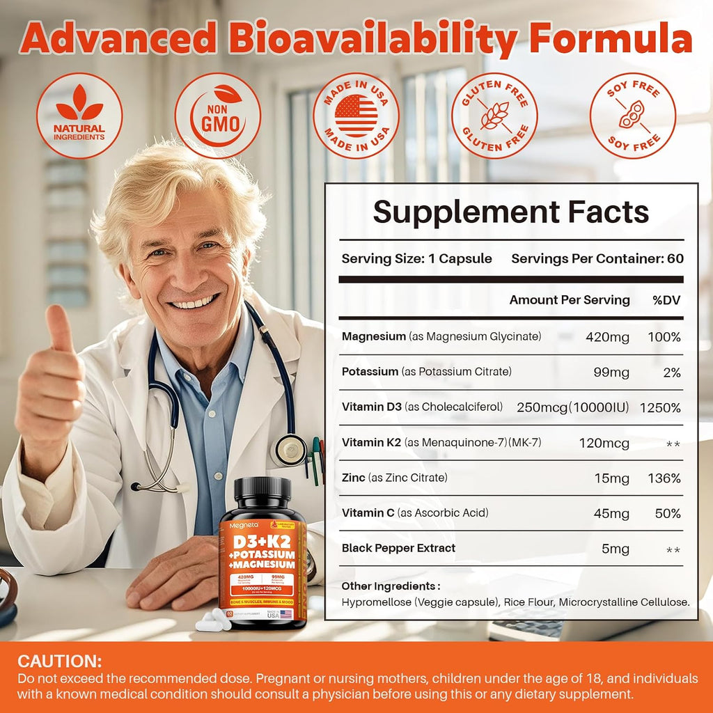 Vitamina D3 K2 (MK-7) 10.000 UI con Magnesio Glicinato y Potasio - Complejo Sistémico para Huesos, Músculos, Corazón e Inmunidad - Alta Absorción, 60 Cápsulas
