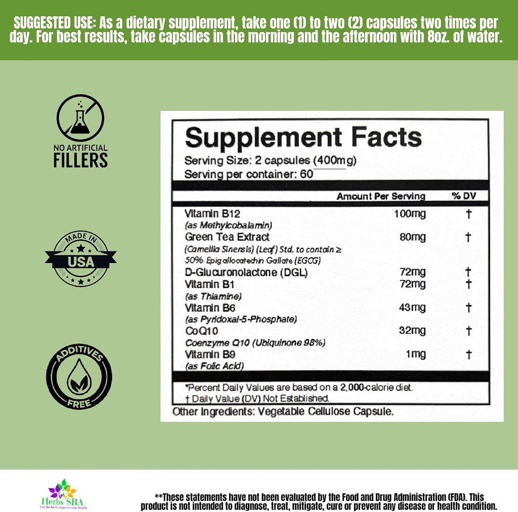 HerbSRA ENERGYAID Suplemento Antioxidante de Energía con Vitamina B6, Té Verde y CoQ10 – 120 Cápsulas Vegetarianas