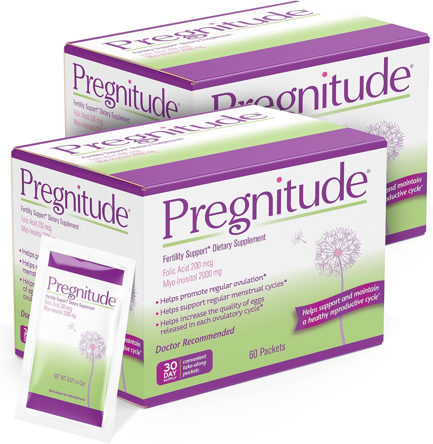Pregnitude Suplemento de Bienestar Reproductivo con Ácido Fólico y Myo-Inositol, Sobres en Polvo sin Sabor, 120 Sobres (60 Días)