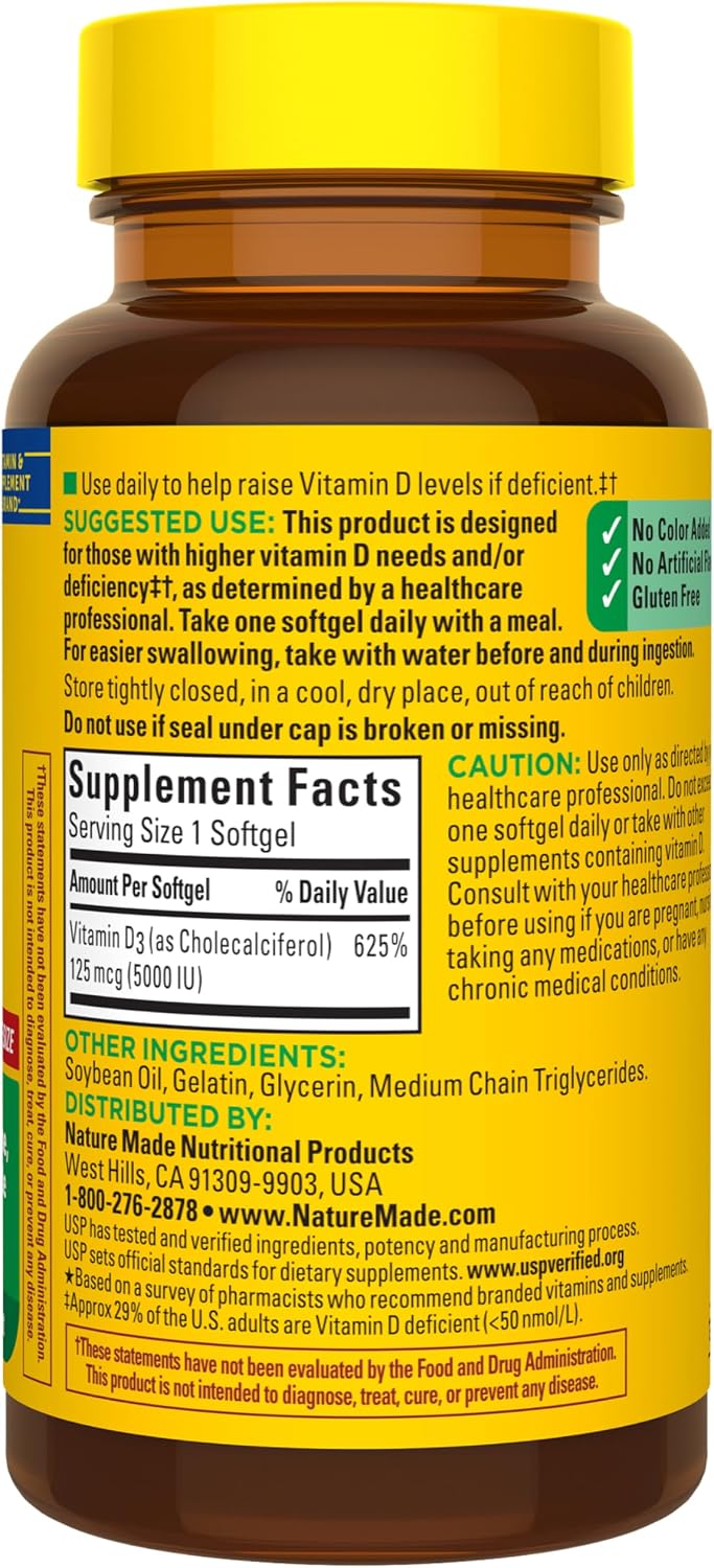 Nature Made Vitamina D3 5000 UI (125 mcg) Softgels, 180 unidades