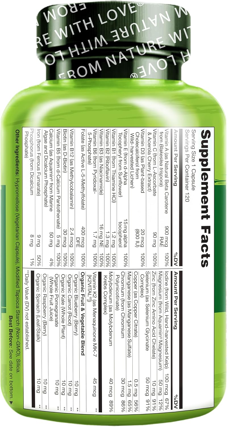 NATURELO Women's Daily Multivitamin with Vitamin B12, 120 Capsules, Energy Support, Whole Food Supplement, Non-GMO, Soy-Free, Gluten-Free, 4 Month Supply