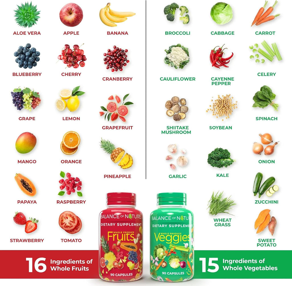 Balance of Nature Frutas y Verduras - Suplemento de Frutas y Verduras Enteras - 90 Cápsulas de Frutas + 90 Cápsulas de Verduras