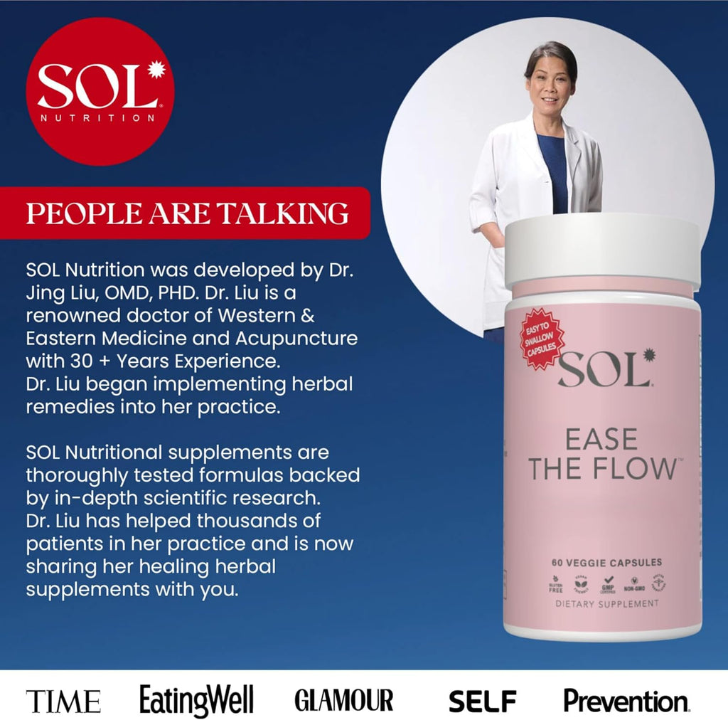 Ease the Flow de Sol Nutrition - Alivio del PMS y Síndrome Premenstrual, 60 Cápsulas con Vitaminas B6 y B8