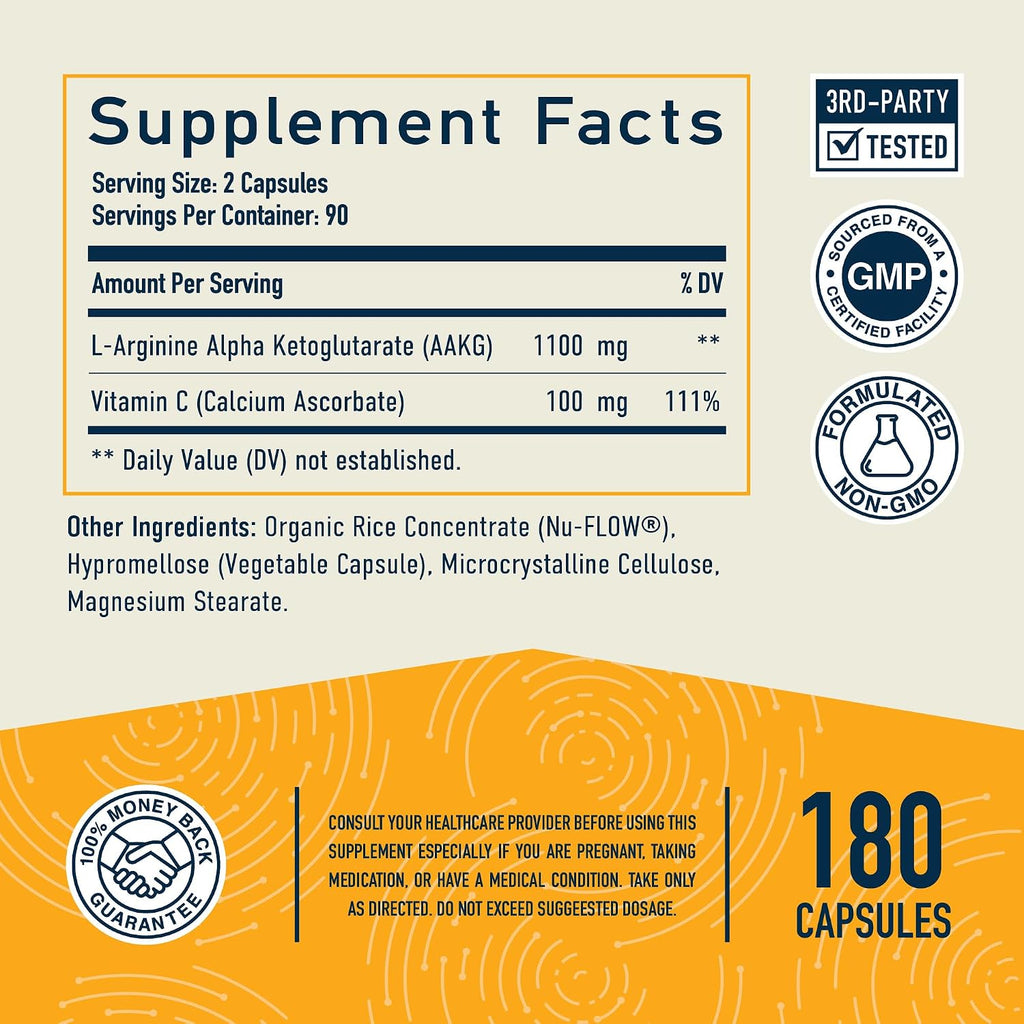 Suplemento AKG | 1100mg por ración | Arginina Alfa-Cetoglutarato con Calcio + Vitamina C | AAKG para envejecimiento saludable, energía y concentración | 120 Cápsulas | Vegano, No-GMO