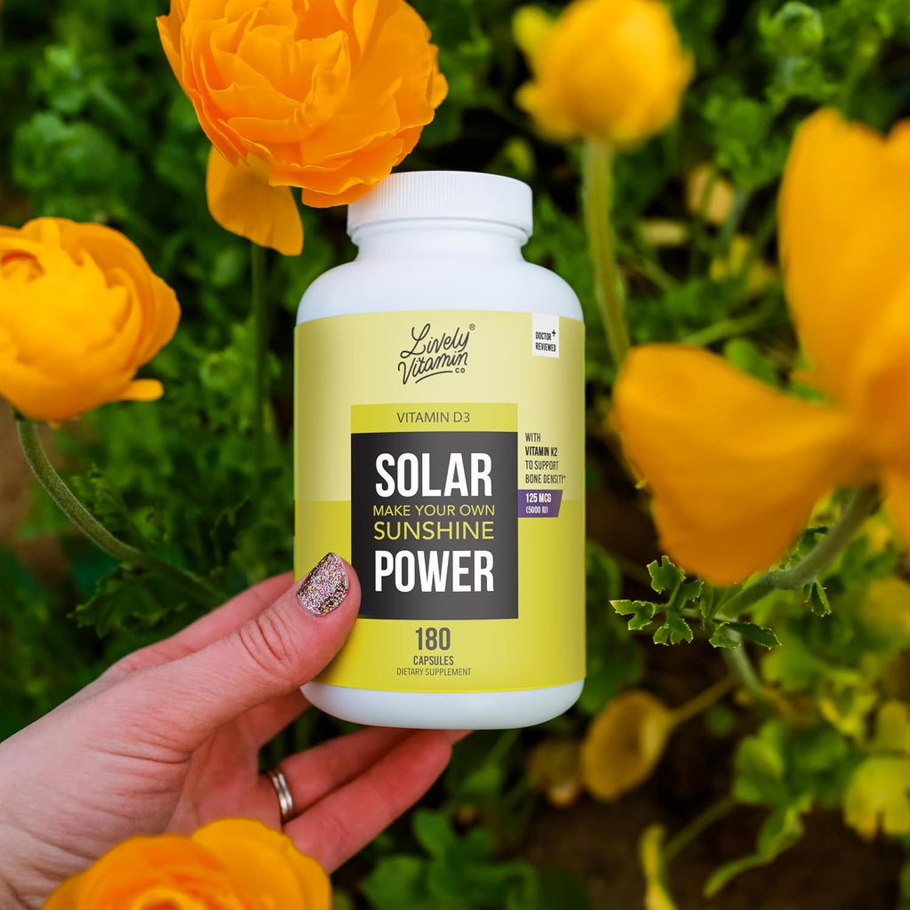 Solar Power Vitamin D3 5000 UI + Vitamina K2 (MK-7) MenaQ7® – 60 Cápsulas – Lively Vitamin Co.