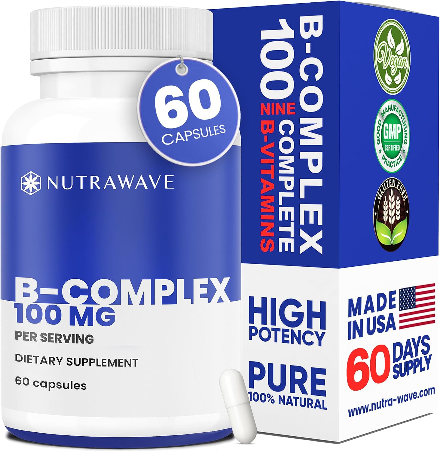 Nutra Wave Super B Complex, Complejo B de Alta Potencia con Colina y Mio-Inositol, 60 Cápsulas