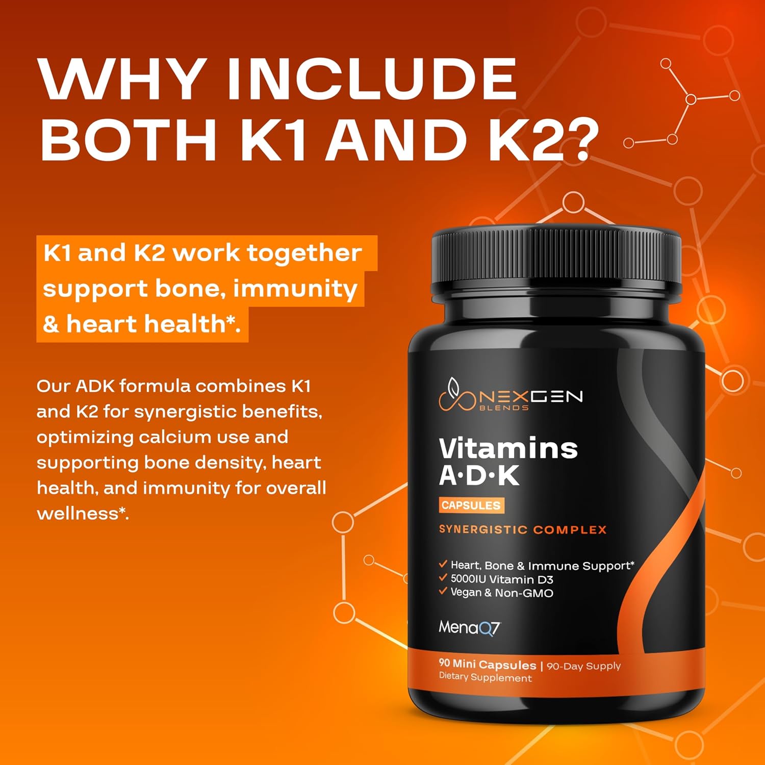 High Absorption ADK Vitamin Supplement - Vegan Vitamin D3 K2 MK7 & A for Calcium Regulation plus Bone Heart Thyroid & Immune Support - Vitamin ADK with 5000IU D3 Non GMO & Gluten Free (3 Months)