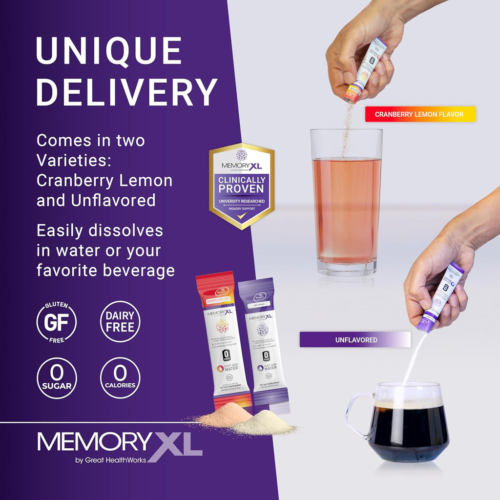 MemoryXL - Magnesio L-Treonato con Fosfatidilserina y Vitaminas - 30 sticks sabor arándano limón