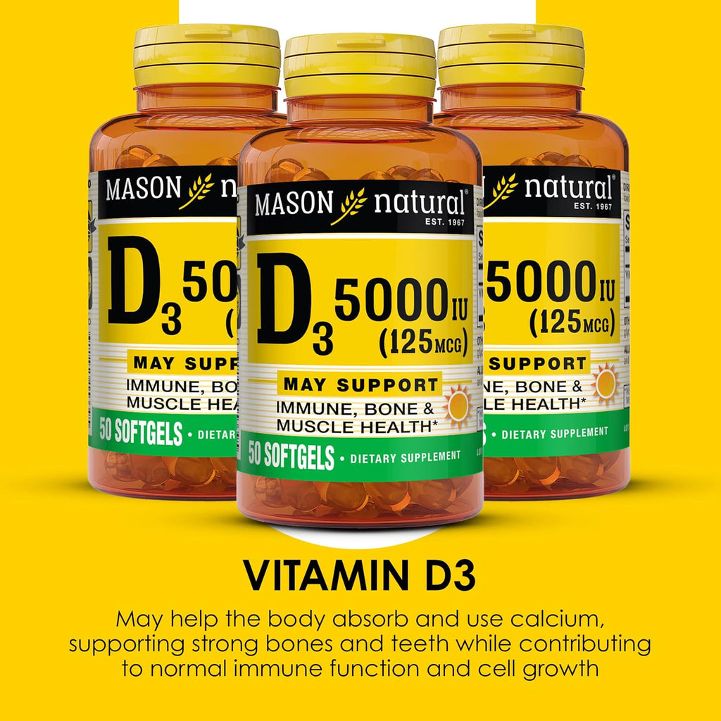 Mason Natural Vitamina D3 5000 UI (125 mcg) – Pack de 3 con 50 Softgels cada uno