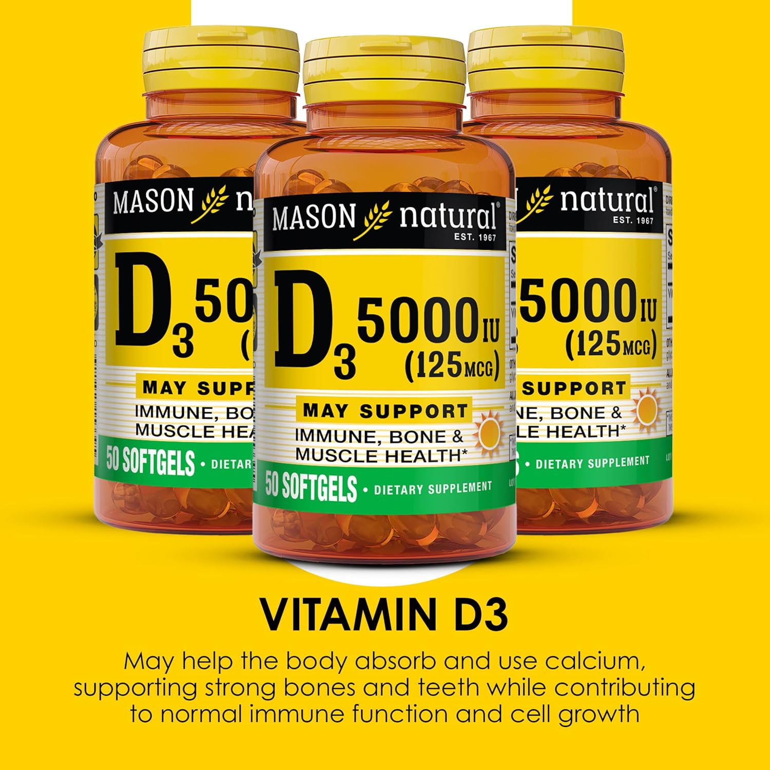 Mason Natural Vitamina D3 5000 UI (125 mcg) – Pack de 3 con 50 Softgels cada uno