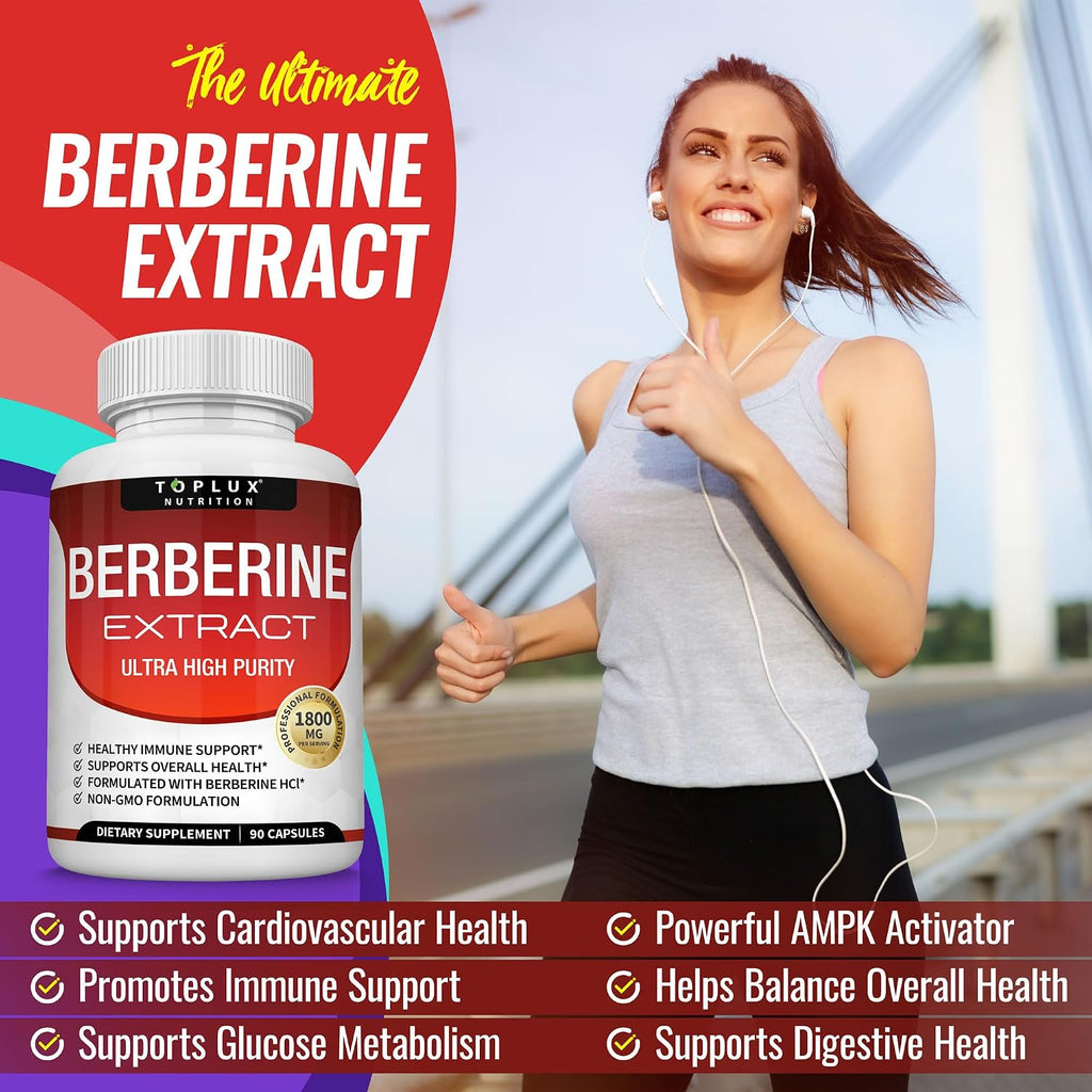 Toplux Berberine 1800mg - Berberina HCL 97% Pureza - 90 Cápsulas Veganas
