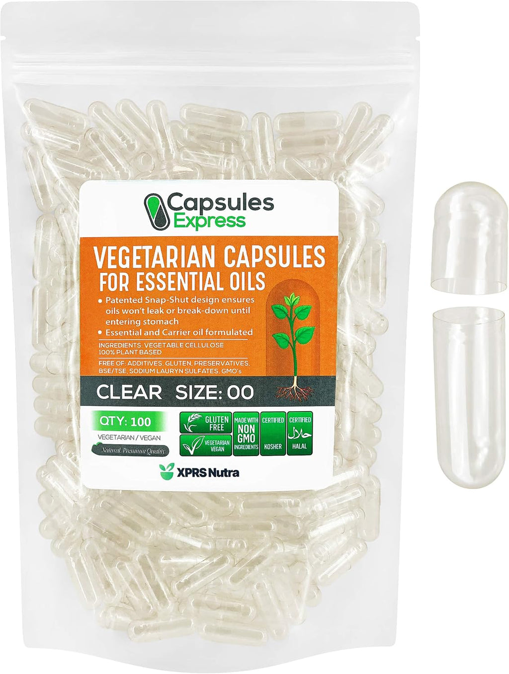 XPRS Nutra Cápsulas Veganas Vacías Tamaño 00 - 100 Unidades - Cápsulas Vegetales Transparentes para Aceites y Polvos de Relleno DIY