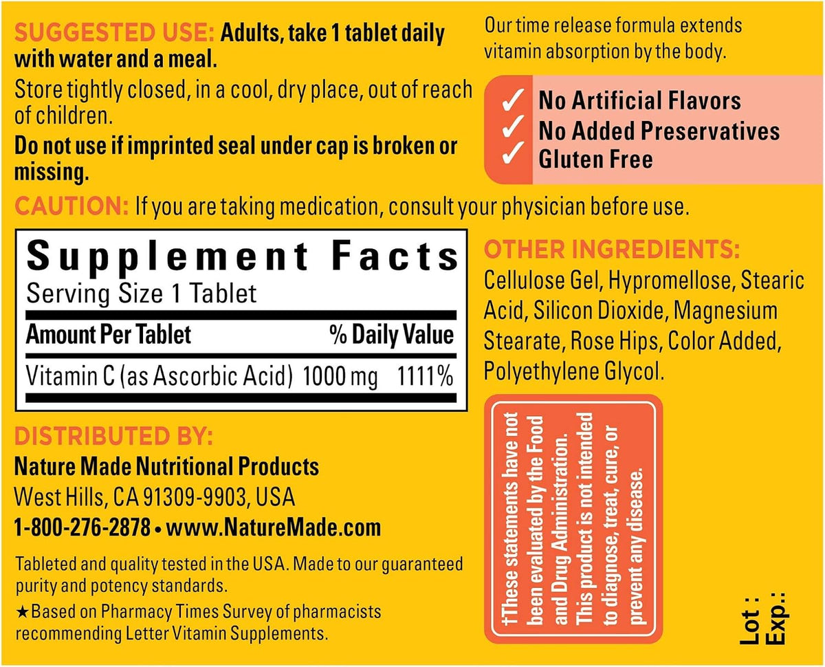 Nature Made Vitamina C 1000 mg Comprimidos de Liberación Prolongada con Escaramujo, 60 Unidades – Image 4