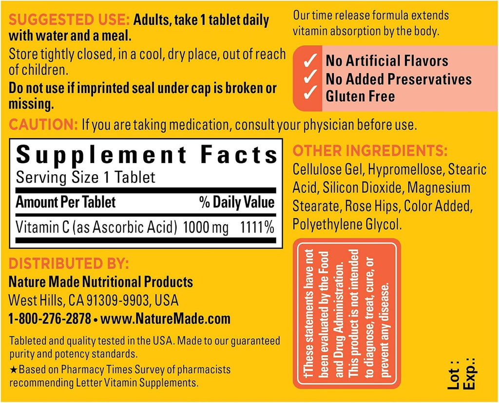 Nature Made Vitamina C 1000 mg Comprimidos de Liberación Prolongada con Escaramujo, 60 Comprimidos