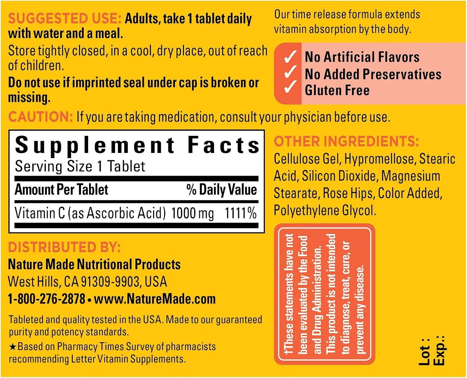 Nature Made Vitamina C 1000 mg Comprimidos de Liberación Prolongada con Escaramujo, 60 Comprimidos