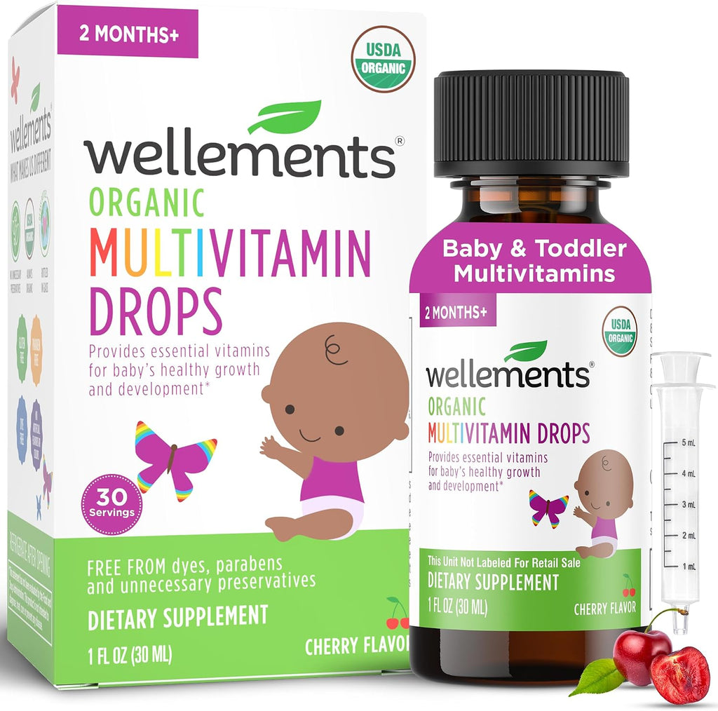 Wellements Organic Baby Multivitamin Drops - Gotas Multivitamínicas Orgánicas para Bebés y Niños Pequeños (30 ml) - Sabor Cereza