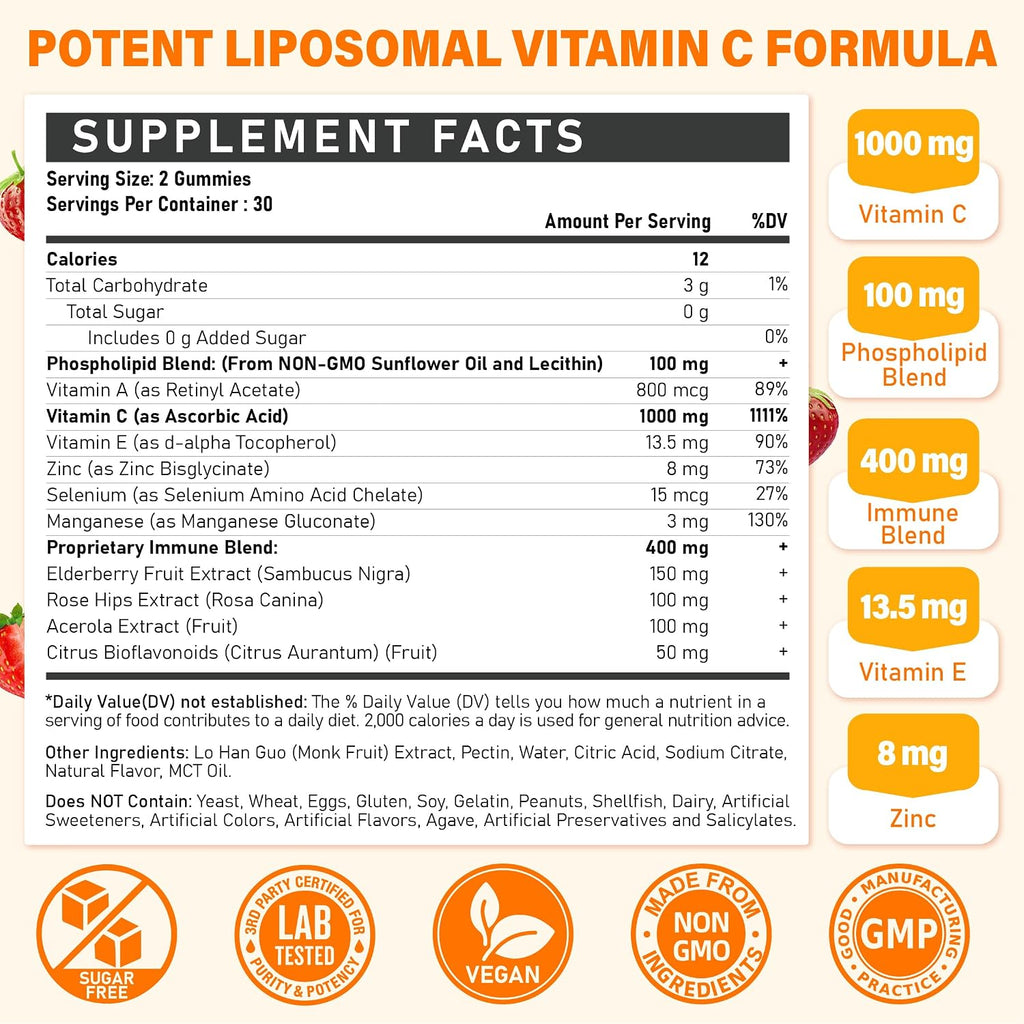 Gominolas de Vitamina C Liposomal 1000 mg con Zinc, Saúco, Vitaminas A y E - Tcemundry