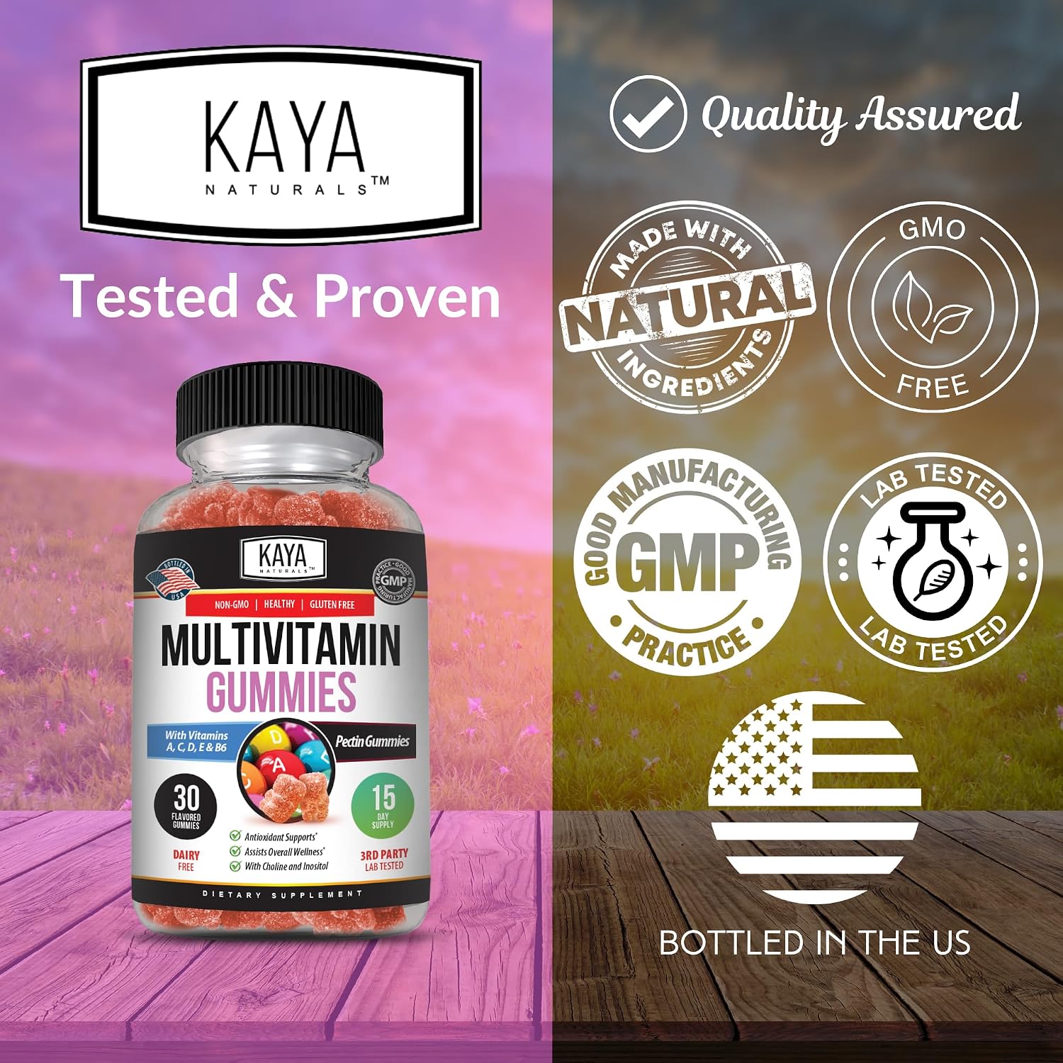 Kaya Naturals Adult Multi Vitamin Gummy - Multivitamínico en Gominolas para Adultos con Biotina, Vitamina A, B12, C, E, Zinc y Ácido Fólico - Sabor Fresa - Sin Gluten