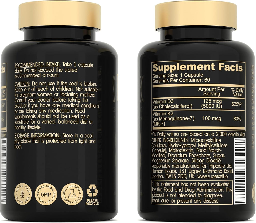 SuperSelf Vitamina D3 K2 5000 UI y K2 MK-7 100mcg – 60 Cápsulas