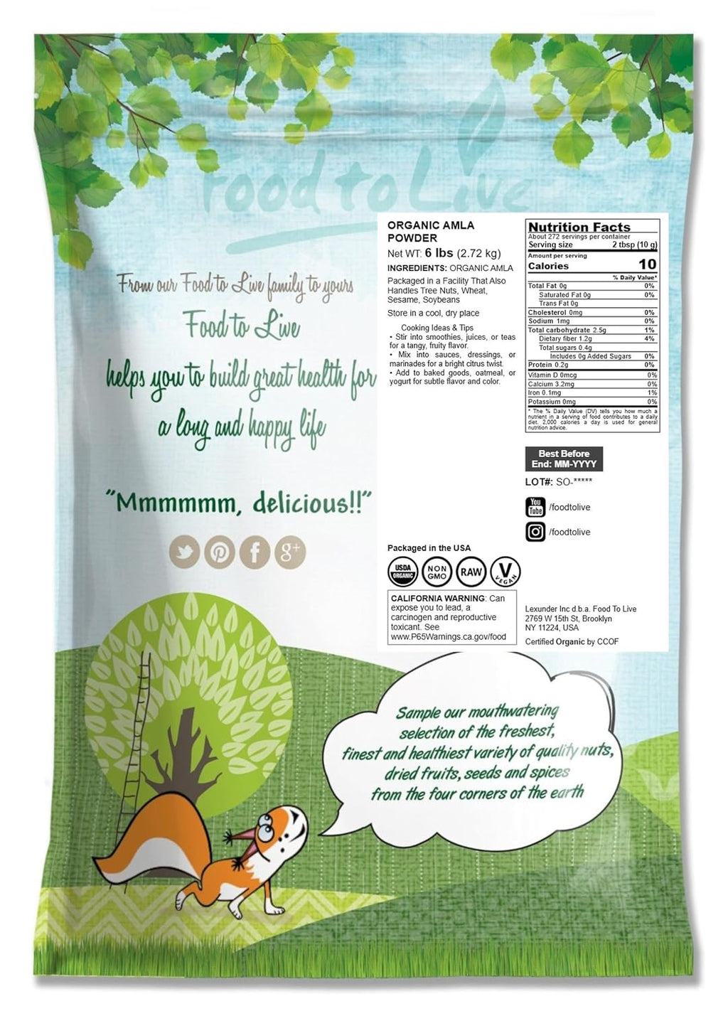 Food to Live Polvo Orgánico de Amla (Amalaki), 6 Libras - Grosella India, No GMO, Crudo, Puro, Molido Fino, Kosher, Vegano. Rico en Antioxidantes y Vitamina C. Ideal para Batidos, Yogures