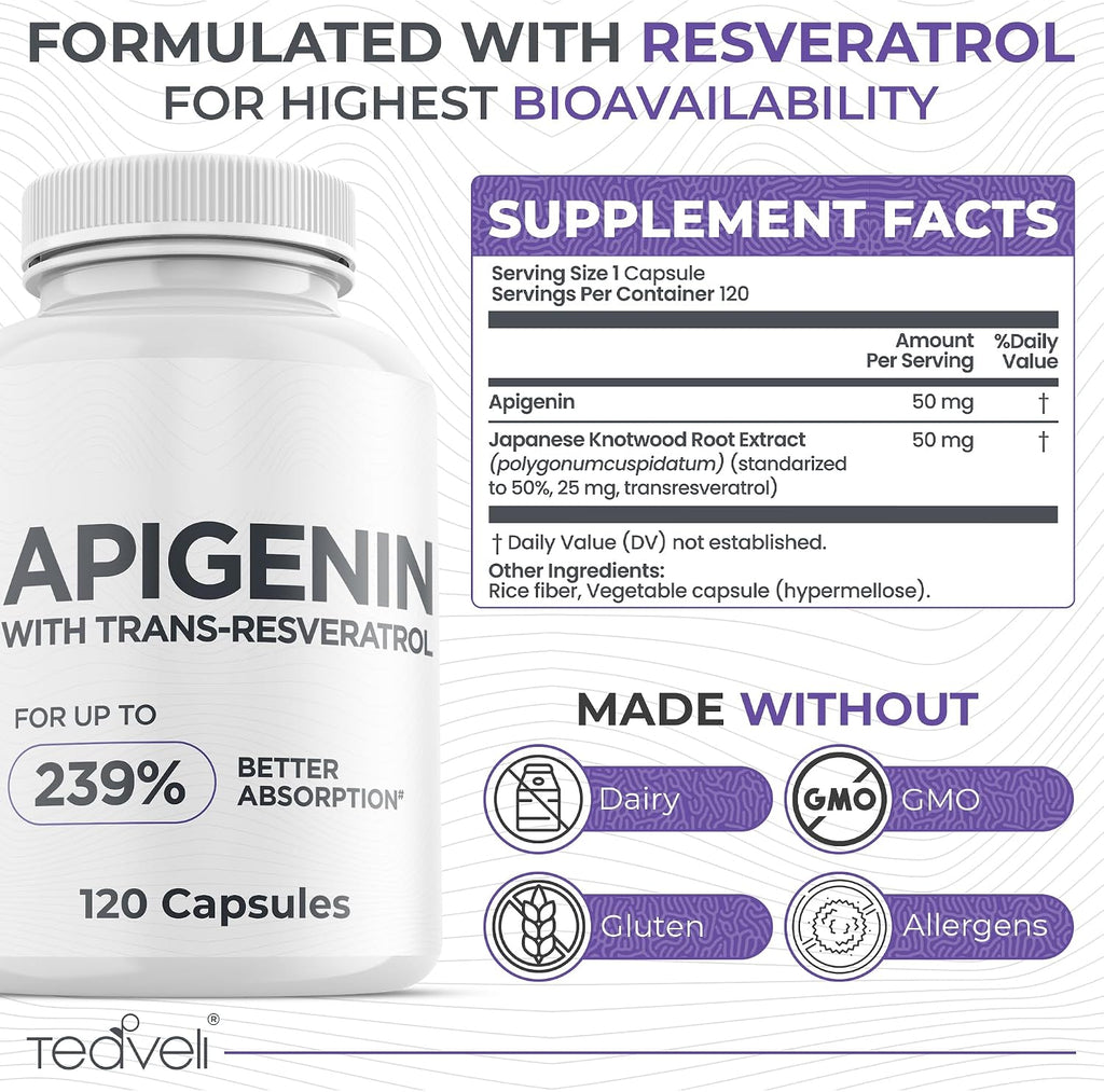 Suplemento Avanzado de Apigenina con Resveratrol – 50mg para Apoyo al Sueño sin Melatonina – 120 Cápsulas Veganas