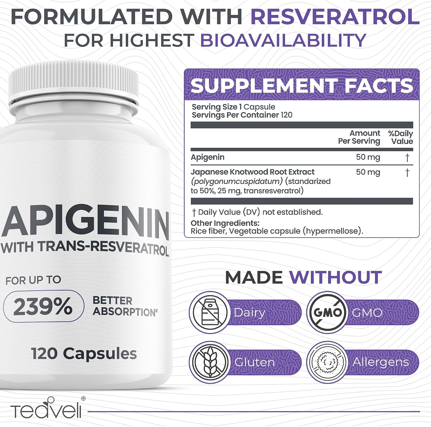 Suplemento Avanzado de Apigenina con Resveratrol – 50mg para Apoyo al Sueño sin Melatonina – 120 Cápsulas Veganas