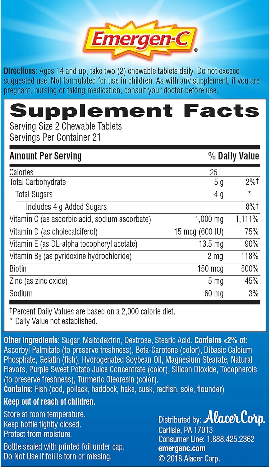 Emergen-C Immune+ Vitamina C y D Masticables Sabor Naranja, 42 uds