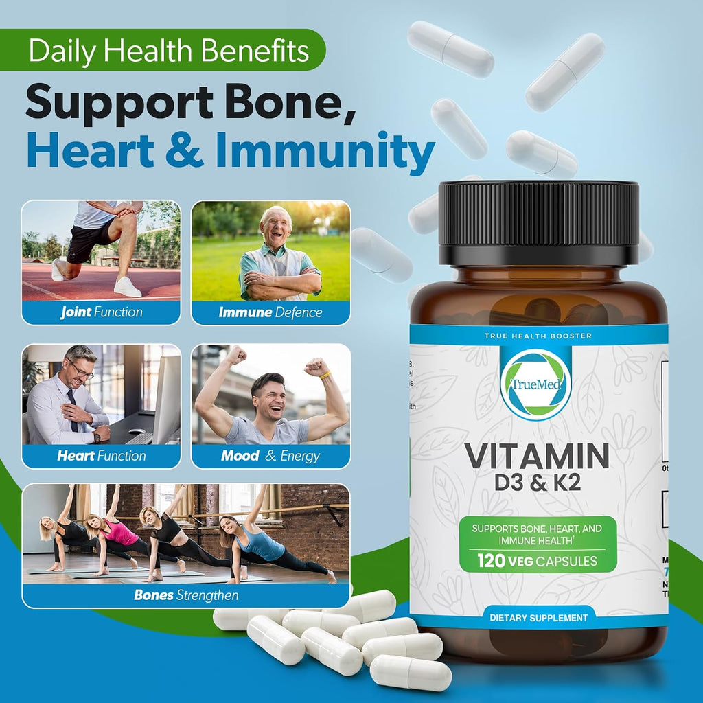 TrueMed Vitamina D3 K2 5000 UI (MK-7 125 mcg) – 120 Cápsulas Veganas – Suplemento de D3 y K2 para Huesos, Corazón e Inmunidad
