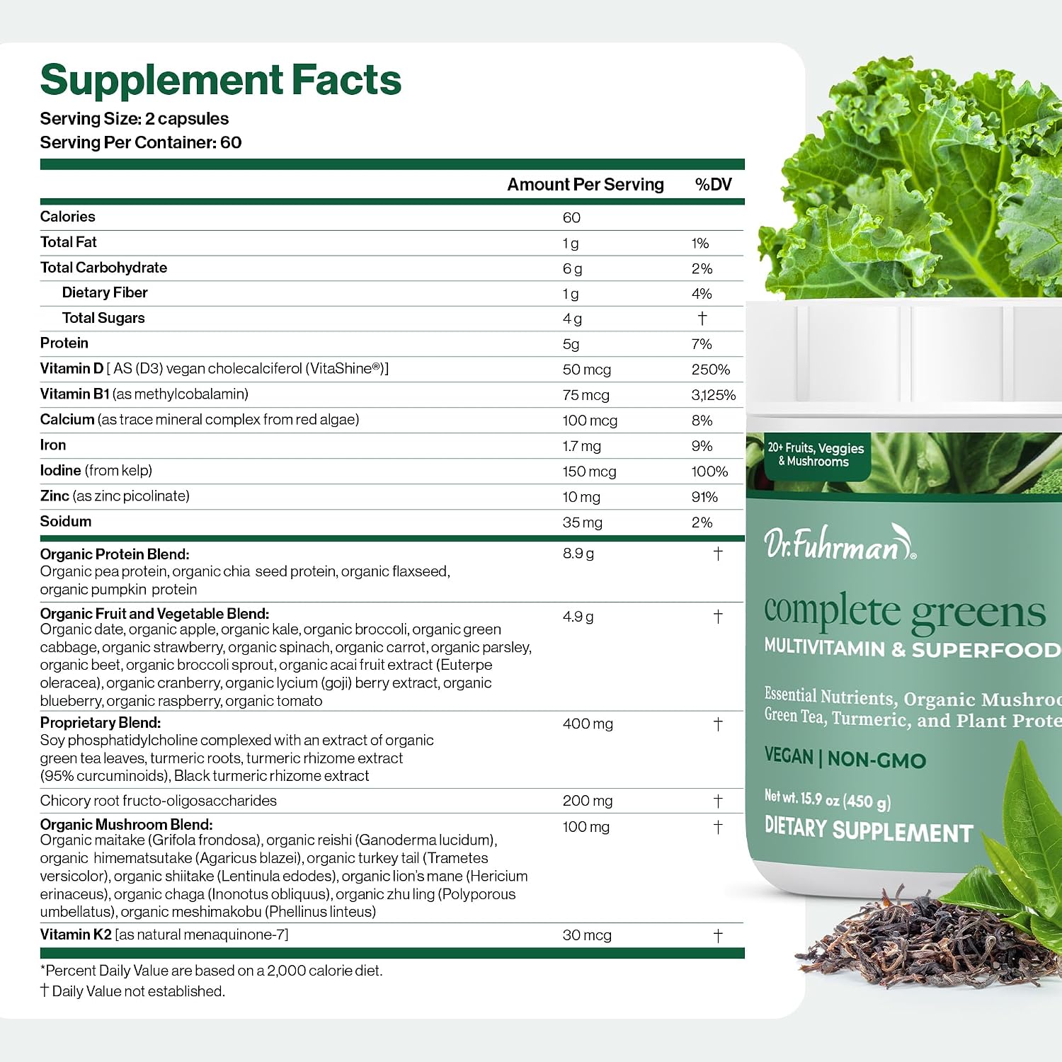 Dr. Fuhrman Complete Greens: Polvo de Verduras Ecológicas con Superalimentos, Vitaminas y Minerales
