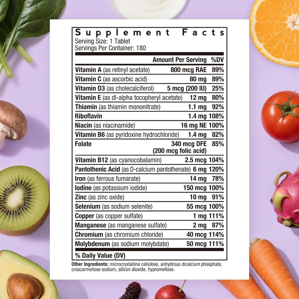 Doctor's Recipes Multivitamínico para Mujeres y Hombres, Apoyo Inmunológico, Energía y Salud Cerebral, con Vitaminas A, C, D3, E, B6, B12, Ácido Fólico, Hierro, Zinc, Cobre, Selenio y Yodo, Sin Gluten, No GMO, 180 Comprimidos