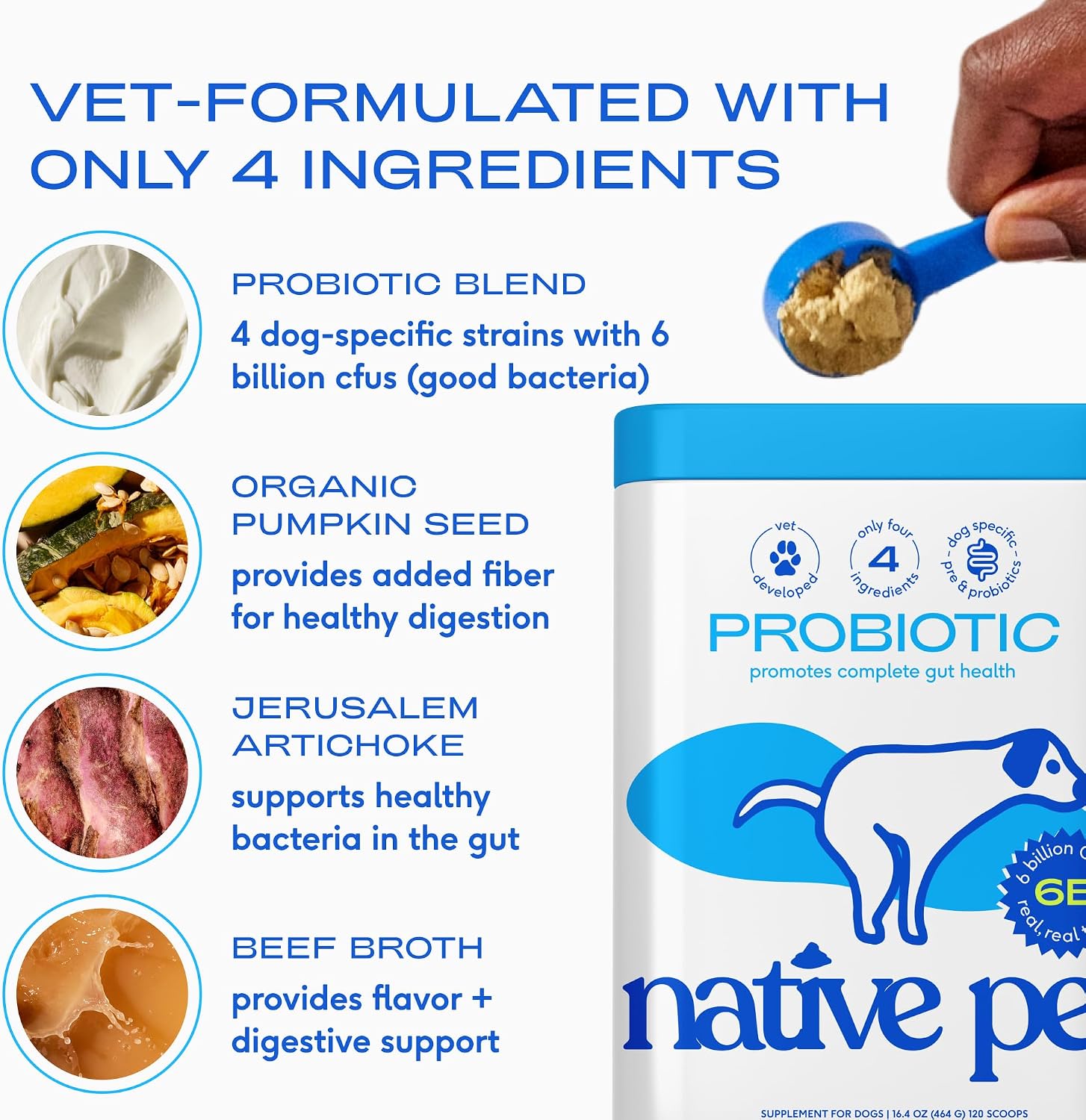Native Pet Probióticos para Perros – Polvo Probiótico para la Salud Digestiva e Intestinal, Formulado por Veterinarios con 6 Mil Millones de UFC y Cepas Específicas para Perros – 120 Dosis