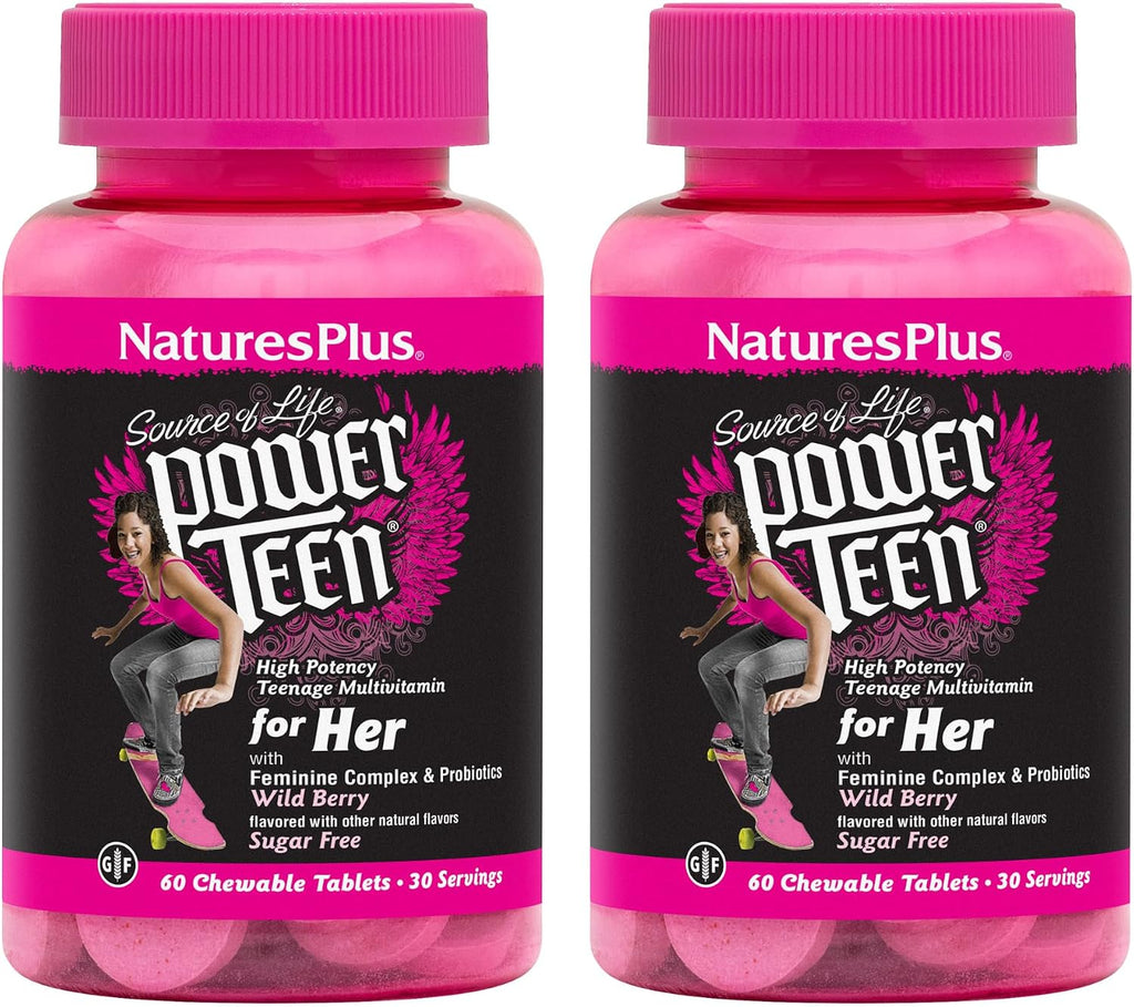 NaturesPlus Source of Life Power Teen for Her, Natural Berry - 60 Comprimidos Masticables - Multivitamínico de Alta Potencia - Sin Azúcar, Vegano - 30 Dosis
