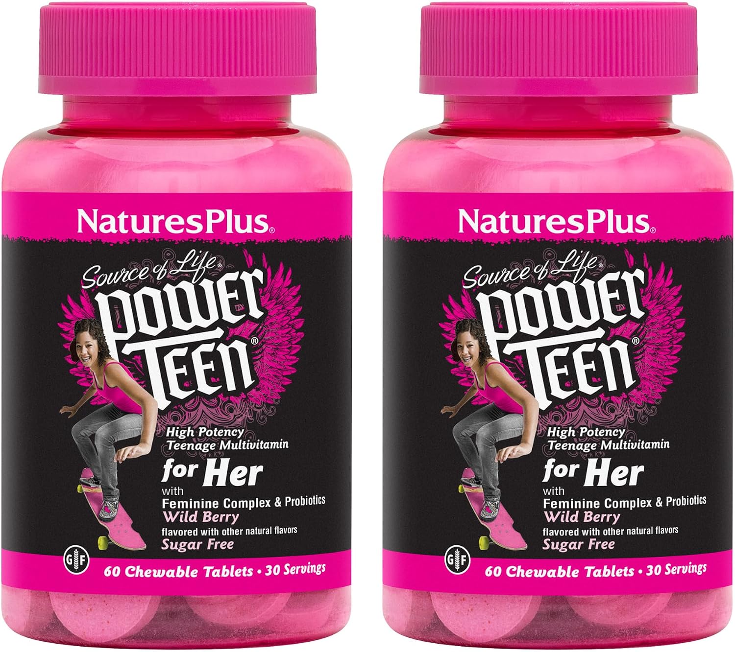 NaturesPlus Source of Life Power Teen for Her, Natural Berry - 60 Comprimidos Masticables - Multivitamínico de Alta Potencia - Sin Azúcar, Vegano - 30 Dosis