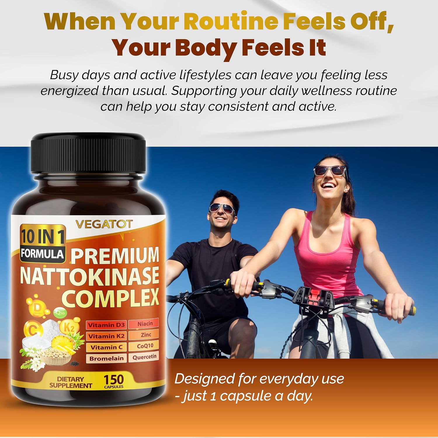 Vegatot Nattokinase Supplement, 10-in-1 Nattokinase Complex 6000 FU with Vitamin K2, CoQ10, Quercetin, Bromelain, & Niacin, Daily Enzyme & Wellness Support*, 150 Capsules, Non-GMO, Gluten Free