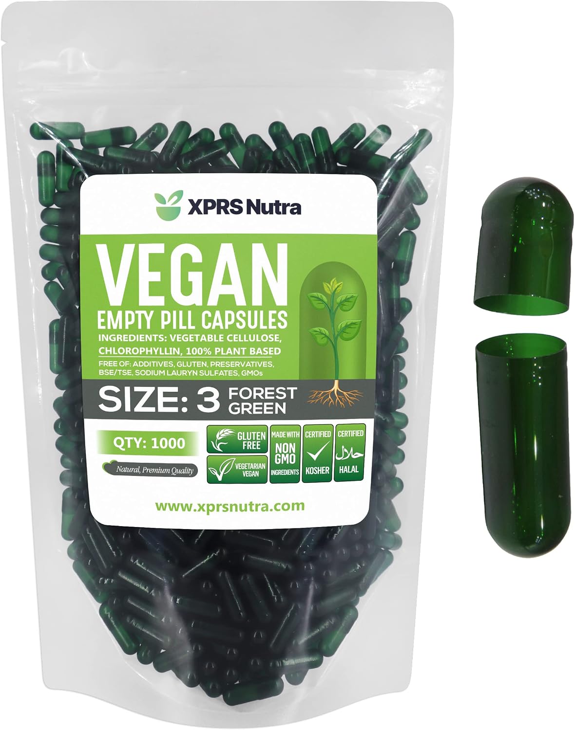 XPRS Nutra Cápsulas Vacías Tamaño 3 - 500 uds - Cápsulas Veganas Vegetarianas - Llenado DIY - Verde Bosque