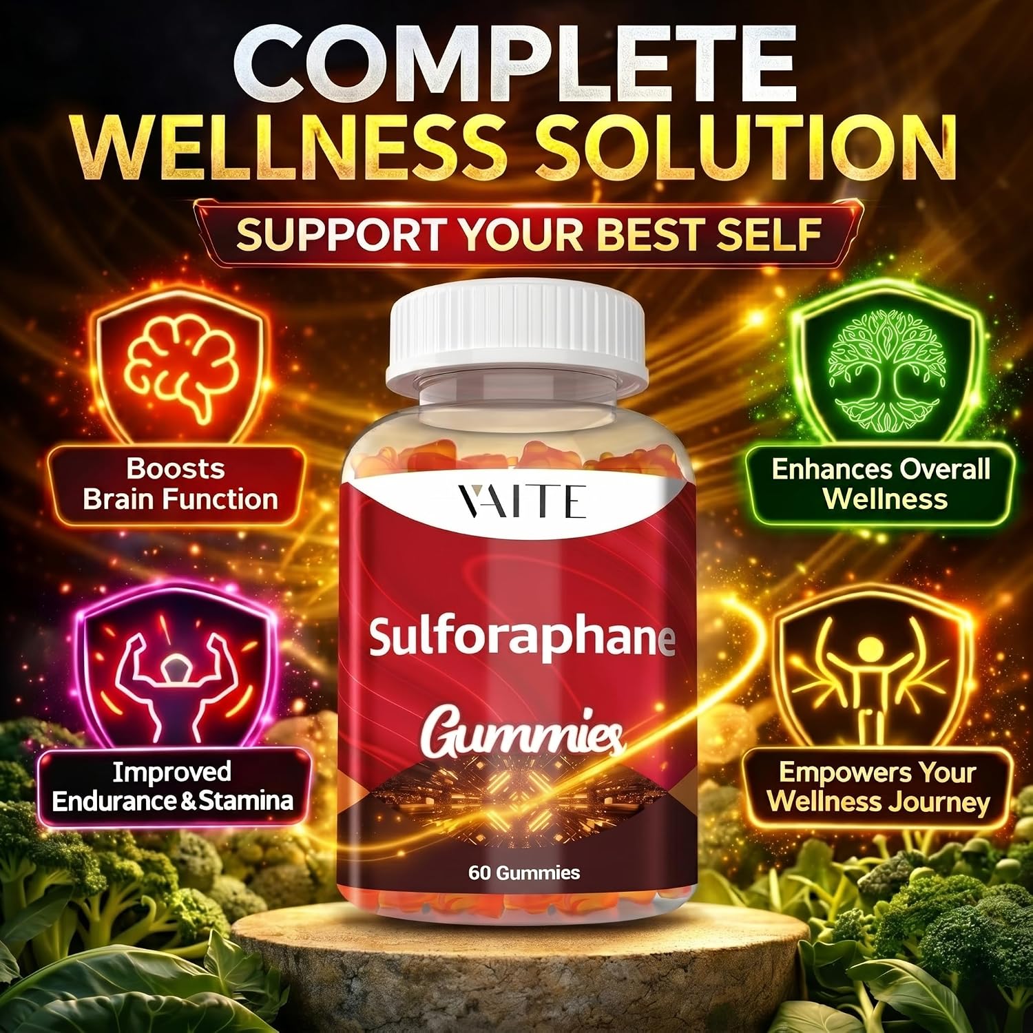 Sulforaphane Glucosinolate Supplement 100mg – Gominolas de Extracto de Semilla de Brócoli, Apoyo Antioxidante, Bienestar General, Energía, Apoyo Inmunitario, No Transgénico, Sin Gluten, para Hombres y Mujeres, 60 Gominolas