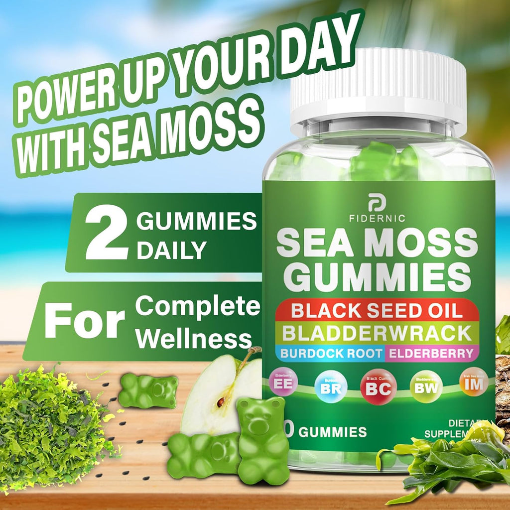 Gominolas de Sea Moss – Musgo Irlandés con Saúco y Aceite de Semilla Negra, Vejiga de Mar, Raíz de Bardana – Sabor a Manzana Verde – 120 Gominolas Veganas