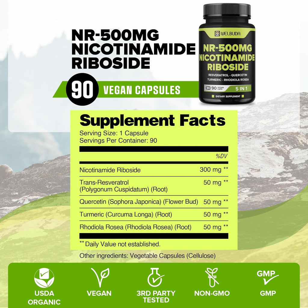 WELBUDA 5in1+ Nicotinamide Riboside Supplement with Resveratrol, Quercetin, Turmeric, Rhodiola Rosea - 90 Count for 90 Days