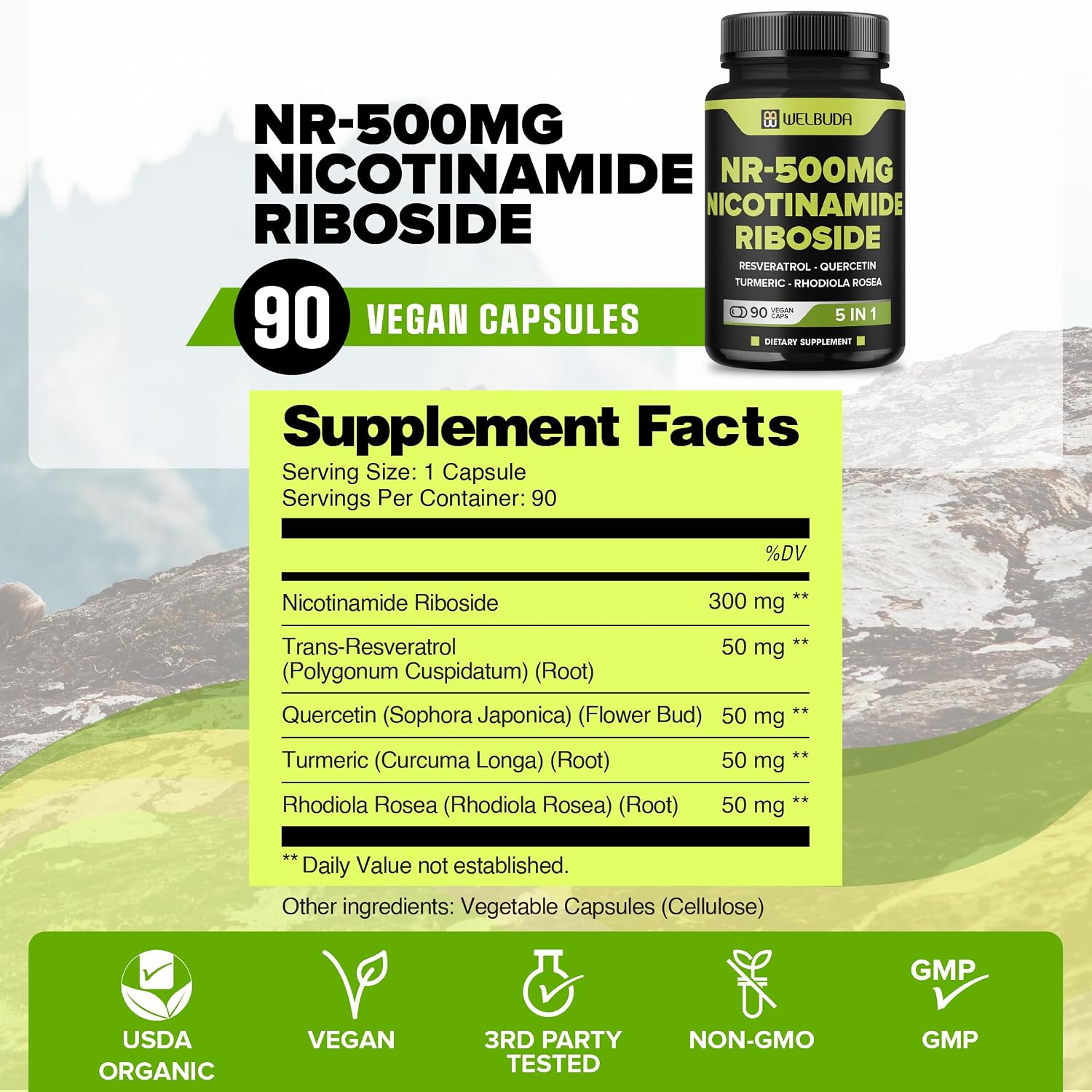 WELBUDA 5in1+ Nicotinamide Riboside Supplement with Resveratrol, Quercetin, Turmeric, Rhodiola Rosea - 90 Count for 90 Days