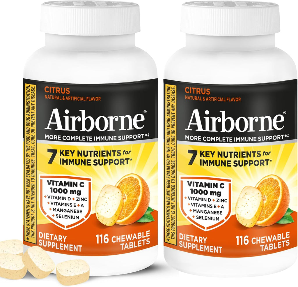 Airborne 1000mg Vitamina C + Zinc Complemento Alimenticio, Comprimidos Masticables Sabor Cítricos, 116 Comprimidos (2 Envases)